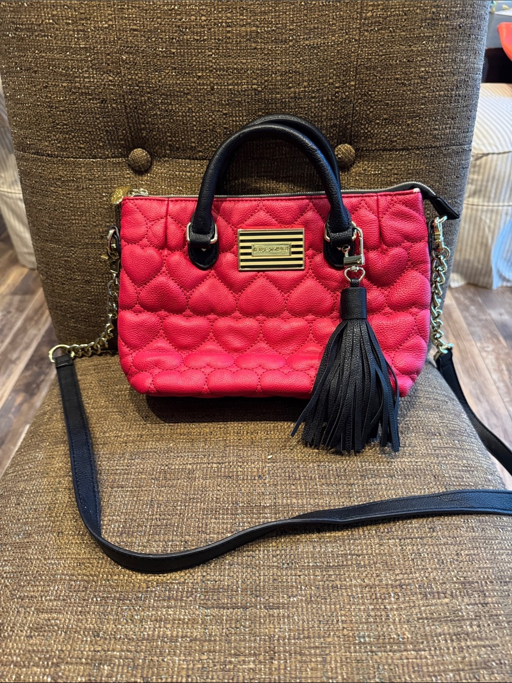 Betsey Johnson pink heart embossed crossbody bag purse tassle decor